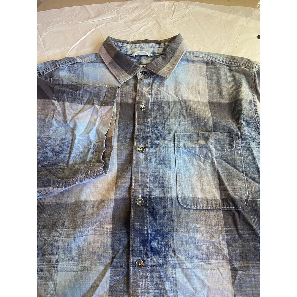 Tommy Bahama‎ Blue Block Distressed Plaid Short Sleeve Button Down Shirt-Size L